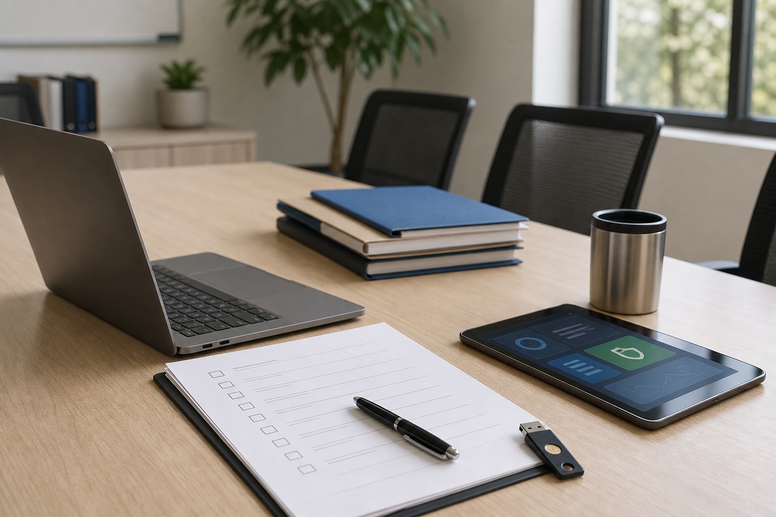 Secure consultation planning desk with checklist, laptop, and hardware security key